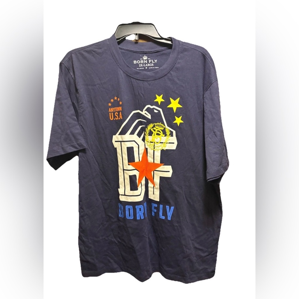 Born Fly Graphic T-Shirt Mens 2XL Navy AnyTown USA Streetwear Short Sleeve Tee